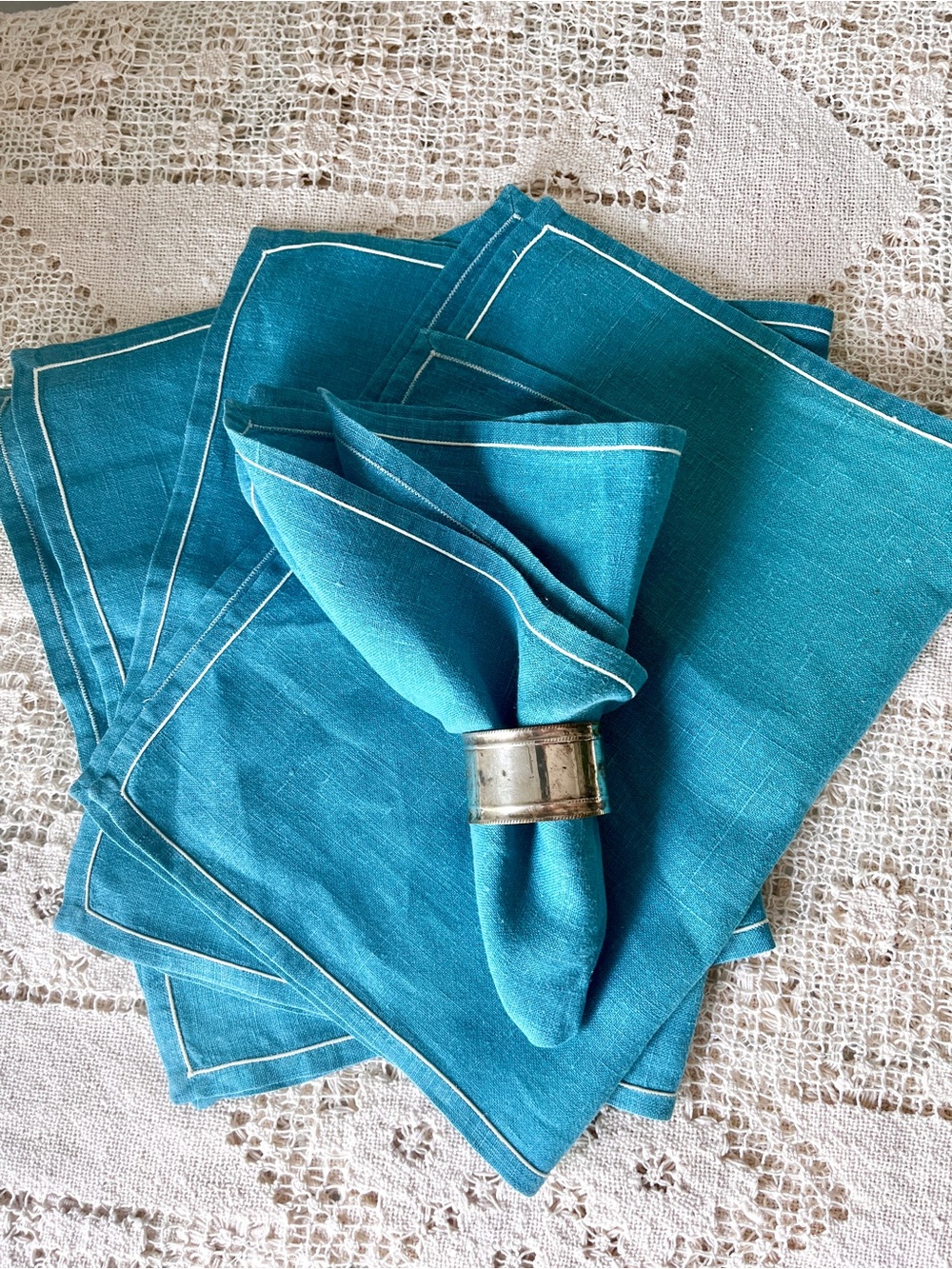 Coastal Linen set of FourCloth Napkins Turquoise Blue Table Decor